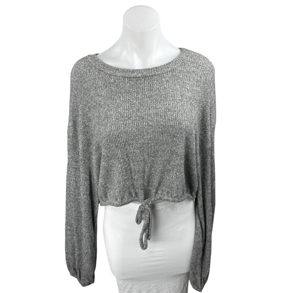 American Threads Gray Long Sleeve Ribbed Knit Tie Hem Cropped Sweater Top Size M